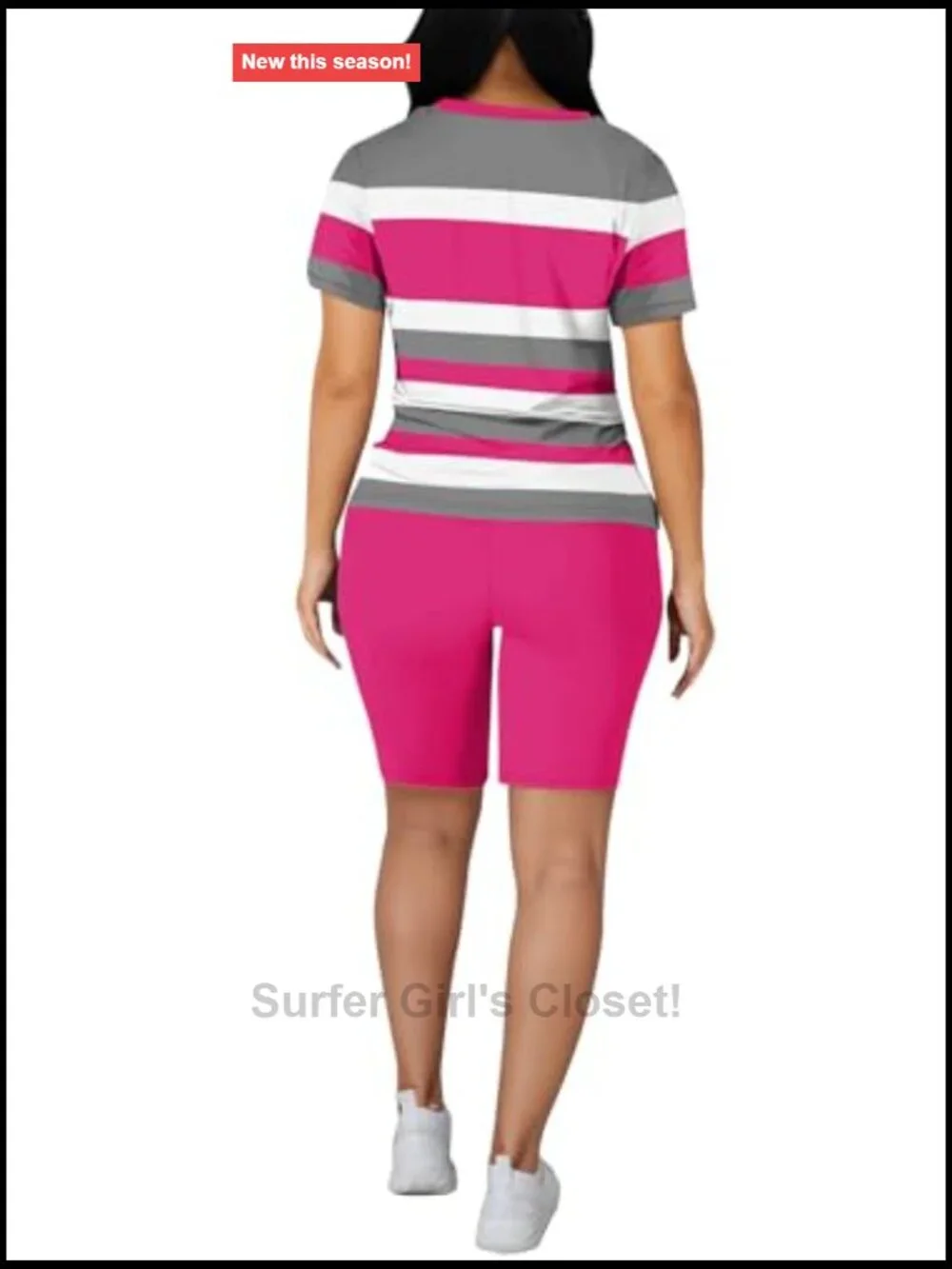 2 Piece Stripe Top & Biker Short Workout Set - Polyester Blend
